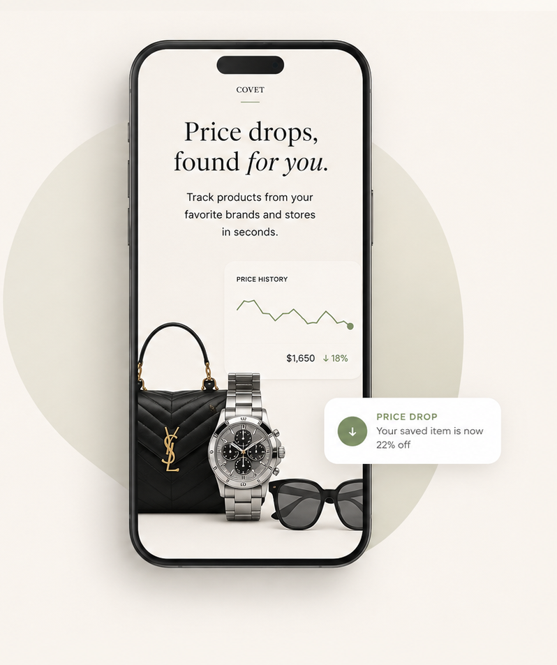 Covet app on iPhone showing price drops, price history, and saved luxury products